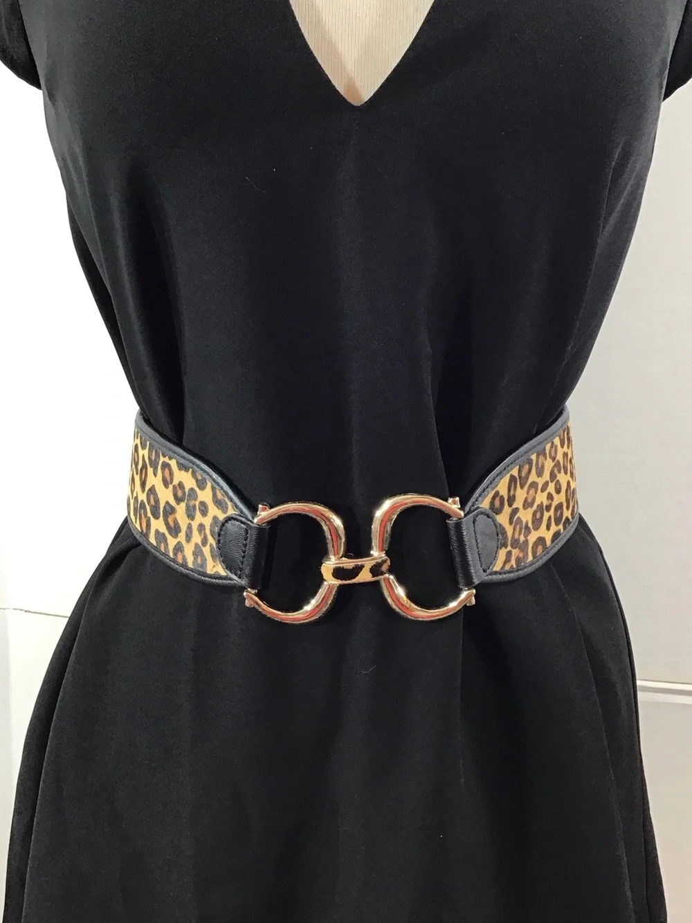 Chico's Leopard Print Wide Waist Belt with Gold Interlocking Buckle M